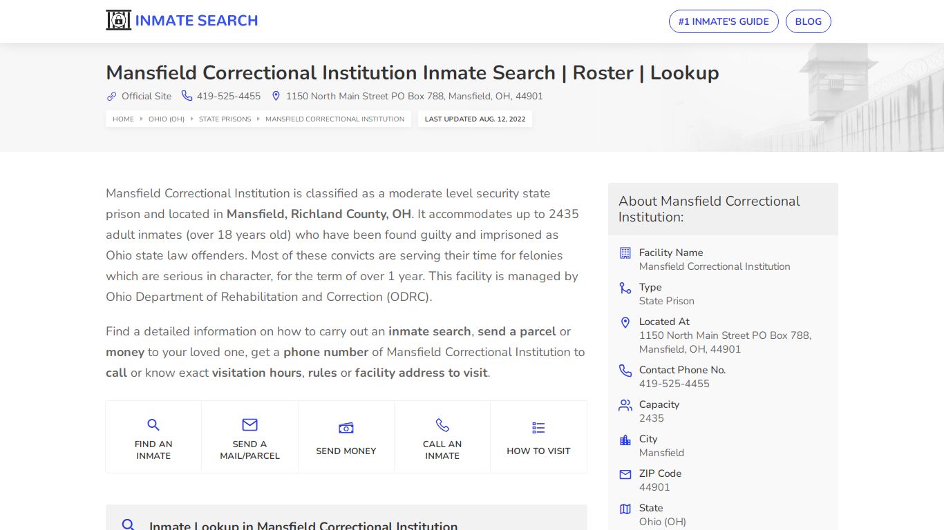 Mansfield Correctional Institution Inmate Search | Roster ...